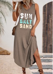 Gray Brown Letter Print Maxi A Line Sleeveless Dress