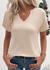 Beige Short Sleeve Split Neck T Shirt | thumb picture 