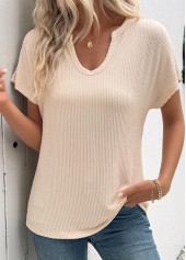 Beige Short Sleeve Split Neck T Shirt | thumb picture 