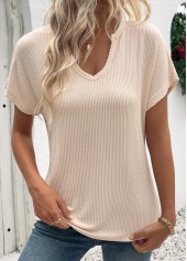Beige Short Sleeve Split Neck T Shirt