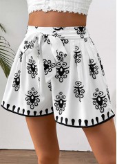 White Tribal Print Wide Leg Elastic Waist Shorts