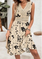Beige Embroidery Floral Print Sleeveless V Neck Dress