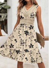 Beige Embroidery Floral Print Sleeveless V Neck Dress | thumb picture 