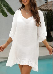 White Ruffle V Neck Cover Up