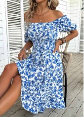 Blue Ditsy Floral Print Short Sleeve Off Shoulder Dress | thumb picture 