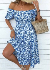 Blue Ditsy Floral Print Short Sleeve Off Shoulder Dress | thumb picture 