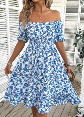 Blue Ditsy Floral Print Short Sleeve Off Shoulder Dress | thumb picture 