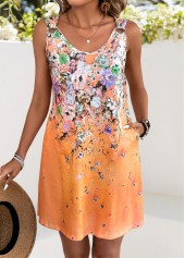 Orange Floral Print A Line Sleeveless Scoop Neck Dress | thumb picture 