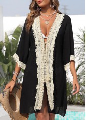 Black 3/4 Sleeve Patchwork Tassel Cover Up | thumb picture 