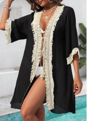 Black 3/4 Sleeve Patchwork Tassel Cover Up | thumb picture 