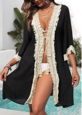 Black 3/4 Sleeve Patchwork Tassel Cover Up