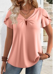 Pink Short Sleeve V Neck Tunic Blouse