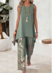 Sage Green Tribal Print Long Sleeveless Top and Pants