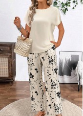 Beige Floral Print Short Sleeve Top and Pants