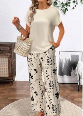 Beige Floral Print Short Sleeve Top and Pants | thumb picture 