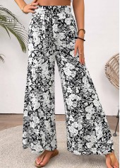 White Floral Print Wide Leg Elastic Waist Pants