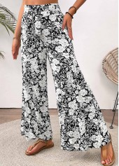 White Floral Print Wide Leg Elastic Waist Pants | thumb picture 