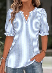 Blue Split Striped Short Sleeve Blouse