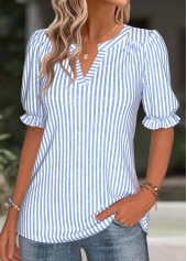 Blue Split Striped Short Sleeve Blouse | thumb picture 