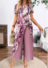 Dusty Purple Two Piece Floral Print Half Sleeve Top