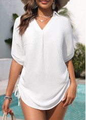 White Ruched V Neck Drawstring Cover Up