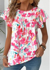 Hot Pink Floral Print Short Sleeve Round Neck Blouse | thumb picture 