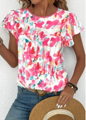 Hot Pink Floral Print Short Sleeve Round Neck Blouse | thumb picture 