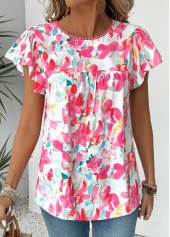 Hot Pink Floral Print Short Sleeve Round Neck Blouse | thumb picture 
