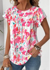 Hot Pink Floral Print Short Sleeve Round Neck Blouse