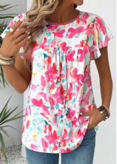 Hot Pink Floral Print Short Sleeve Round Neck Blouse | thumb picture 