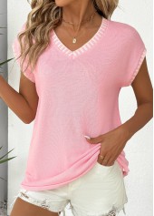 Pink Short Sleeve V Neck T Shirt