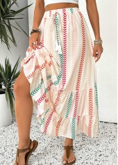 Beige Geometric Print A Line Elastic Waist Maxi Skirt