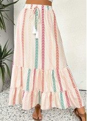 Beige Geometric Print A Line Elastic Waist Maxi Skirt