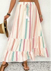 Beige Geometric Print A Line Elastic Waist Maxi Skirt