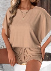 Round Neck Short Sleeve Light Coffee Top and Shorts