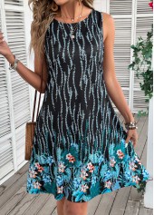 Blue Floral Print A Line Sleeveless Round Neck Dress | thumb picture 