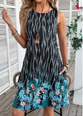 Blue Floral Print A Line Sleeveless Round Neck Dress | thumb picture 