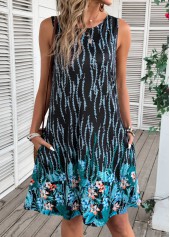 Blue Floral Print A Line Sleeveless Round Neck Dress
