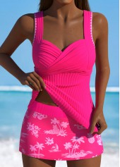 Mid Waisted Tropical Plants Print Hot Pink Tankini Set