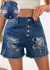 American Flag Denim Blue Straight Leg Button Fly Shorts