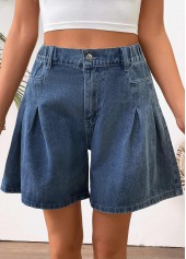Denim Blue Wide Leg Button Fly High Waisted Shorts