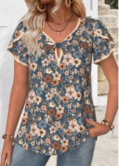 Multi Color Floral Print Short Sleeve V Neck Blouse