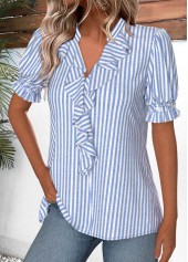 Blue Striped Short Sleeve V Neck Blouse | thumb picture 