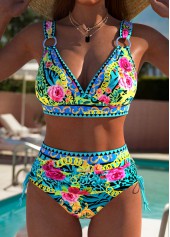 High Waisted Floral Print Cyan Bikini Set