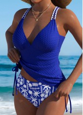 Mid Waisted Tropical Plants Print Royal Blue Tankini Set | thumb picture 