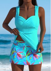 Mid Waisted Leaf Print Cyan Tankini Set