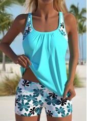 Mid Waisted Floral Print Cyan Tankini Set