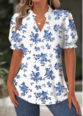 White Floral Print Short Sleeve Split Neck Blouse