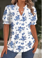 White Floral Print Short Sleeve Split Neck Blouse | thumb picture 