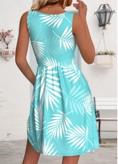 Mint Green Leaf Print Short Sleeveless Round Neck Dress | thumb picture 